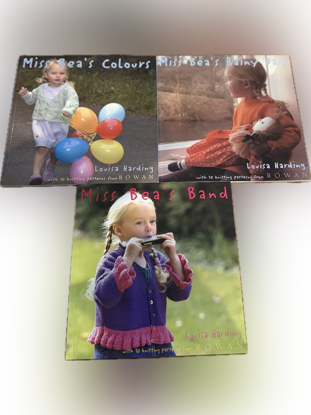 Lot of 3 Miss Bea's Knitting Pattern Books-Rainy Day, Band & Colours L. Harding